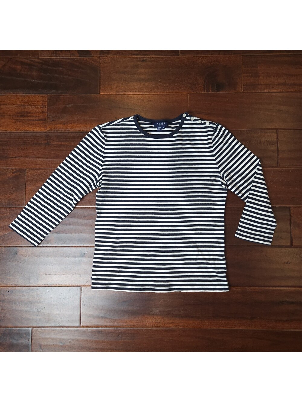Chaps Women's Navy And White Striped 3/4 Sleeve 100% Cotton Size Medium Top